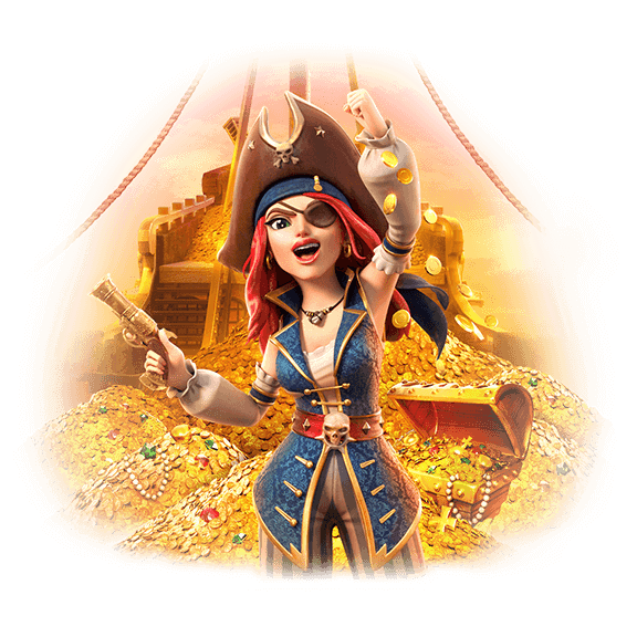 Queen of Bounty PG SLOT ฮีโร่เปิดเกม ราชินีโจรสลัดยืนเด่นบนเรือทองคำกลางท้องทะเล